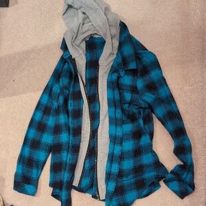 Ci Sono Teal and Black Plaid Shirt with Gray Hood